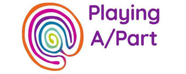 Playing A Part logo, a multicoloured labyrinth with the words Playing A/Part in purple