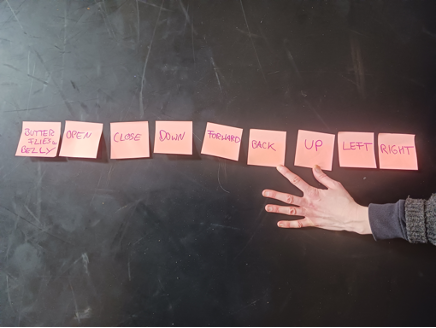Nine post it notes stuck on a floor with a hand holding some down.